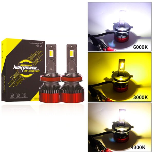 Triple Color Temperature LED Headlight – 100W Start, 90W Stable Power 3000K: Yellow light, ideal for foggy and rainy conditions. 4300K: Yellow-white light, perfect for enhancing visibility in mixed weather. 6500K: Pure white light, providing maximum brightness and clarity in clear conditions. This headlight ensures optimal performance with an initial startup power of 100W, stabilizing at 90W for consistent and reliable illumination. Equipped with CANBUS compatibility, it seamlessly integrates with 99% of vehicle models, preventing error codes and flickering.