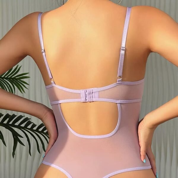 Sexy purple embroidered erotic sleepwear with bow tie and lace perspective seduction one-piece lingerie - 图片 5