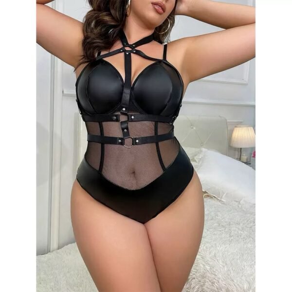 Women's Sexy Black Strappy PU Leather Sheer Mesh BDSM Underwear Bodysuit Deep-V Plus Size Nightdress Bondage Lingerie - 图片 3