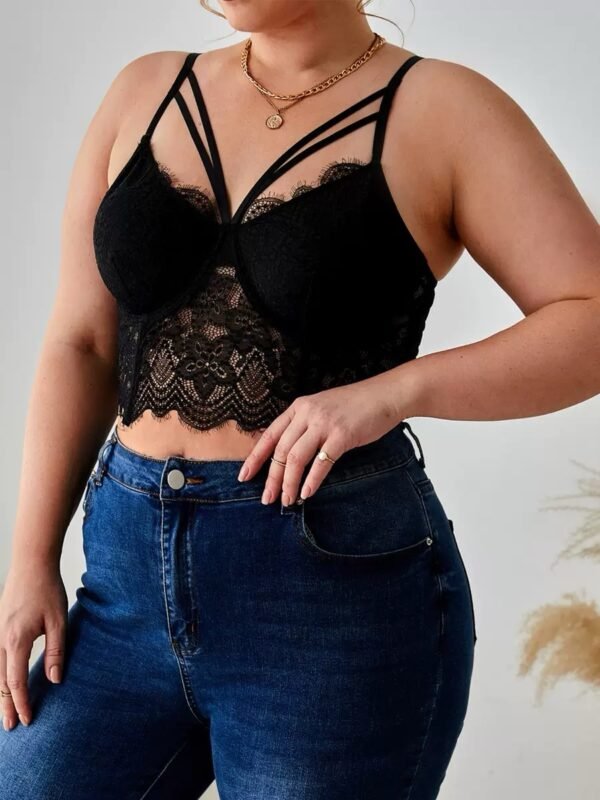 Women's Plus Size Bra with Contrast Lace Cutout V-Neck Wireless Bralette Sexy Lingerie Strappy Bra - 图片 4