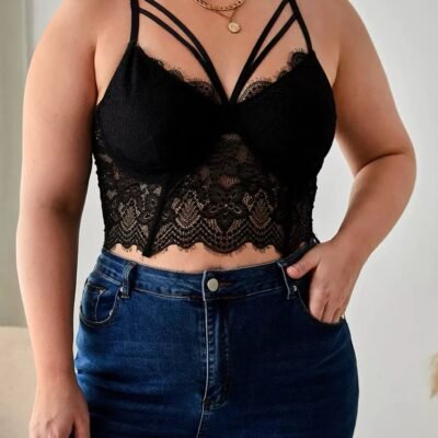 Women's Plus Size Bra with Contrast Lace Cutout V-Neck Wireless Bralette Sexy Lingerie Strappy Bra