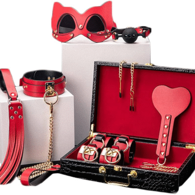 BDSM 8-piece set with box, SM Play, collar, wrist/ankle cuffs, blindfold, whip blindfold, role play, sexy costume (red)