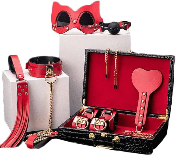 BDSM 8-piece set with box, SM Play, collar, wrist/ankle cuffs, blindfold, whip blindfold, role play, sexy costume (red)