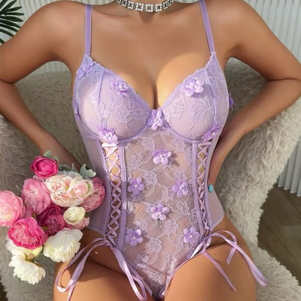 Sexy purple embroidered erotic sleepwear with bow tie and lace perspective seduction one-piece lingerie