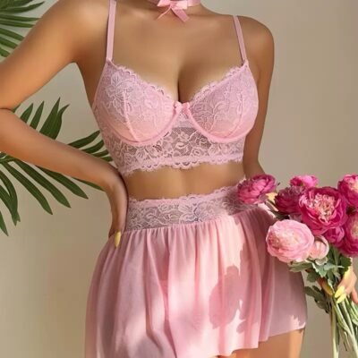 Sexy lingerie lace gathering bra short skirt thong sexy lingerie three piece set