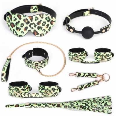 Sex Bondage Leopard Print Bondage Set Glow BDSM Toys for Couples Restraint Set Handcuffs Collar Gag Sex Toy